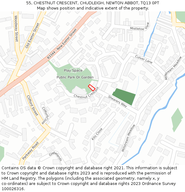 55, CHESTNUT CRESCENT, CHUDLEIGH, NEWTON ABBOT, TQ13 0PT: Location map and indicative extent of plot