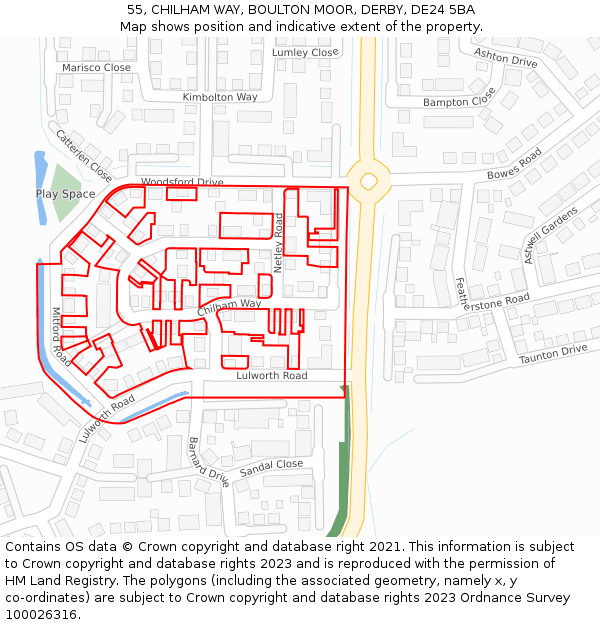 55, CHILHAM WAY, BOULTON MOOR, DERBY, DE24 5BA: Location map and indicative extent of plot