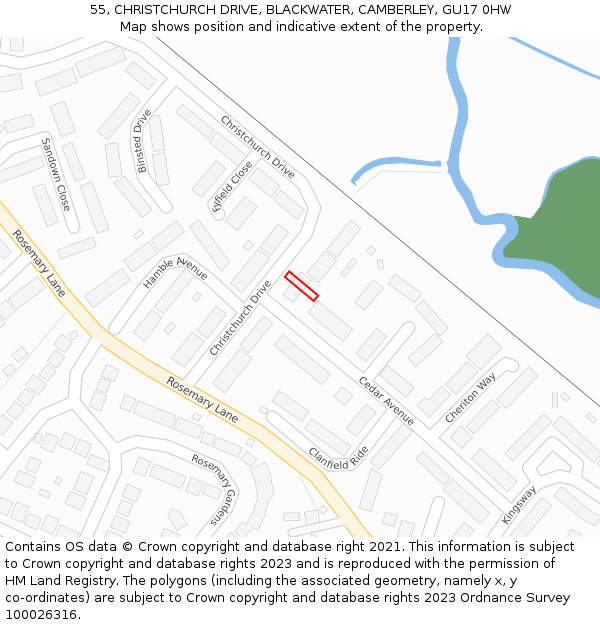 55, CHRISTCHURCH DRIVE, BLACKWATER, CAMBERLEY, GU17 0HW: Location map and indicative extent of plot
