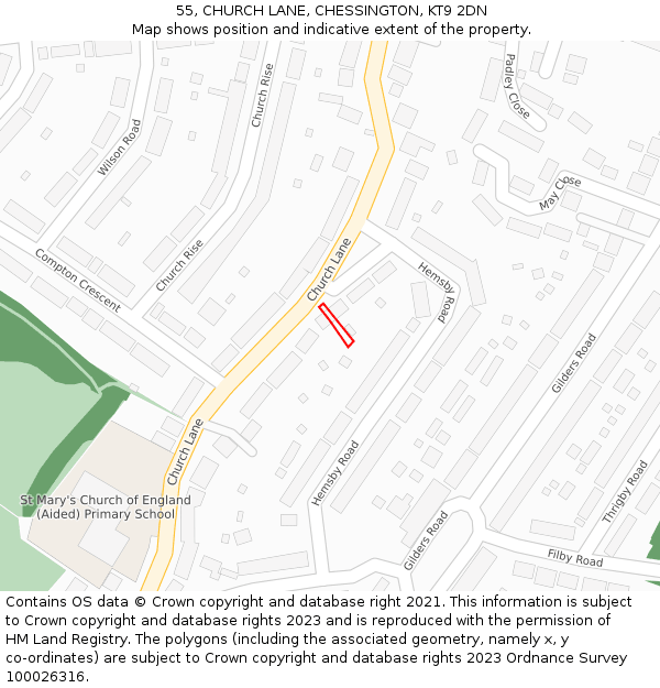 55, CHURCH LANE, CHESSINGTON, KT9 2DN: Location map and indicative extent of plot