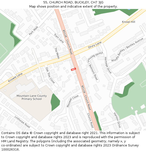 55, CHURCH ROAD, BUCKLEY, CH7 3JG: Location map and indicative extent of plot
