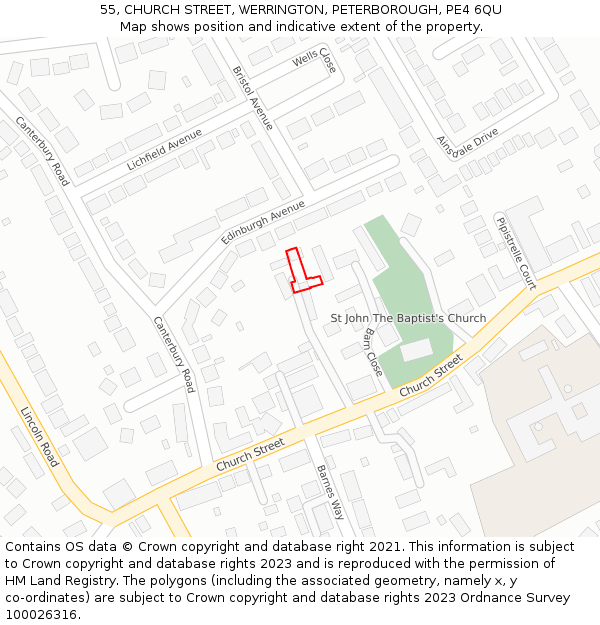 55, CHURCH STREET, WERRINGTON, PETERBOROUGH, PE4 6QU: Location map and indicative extent of plot