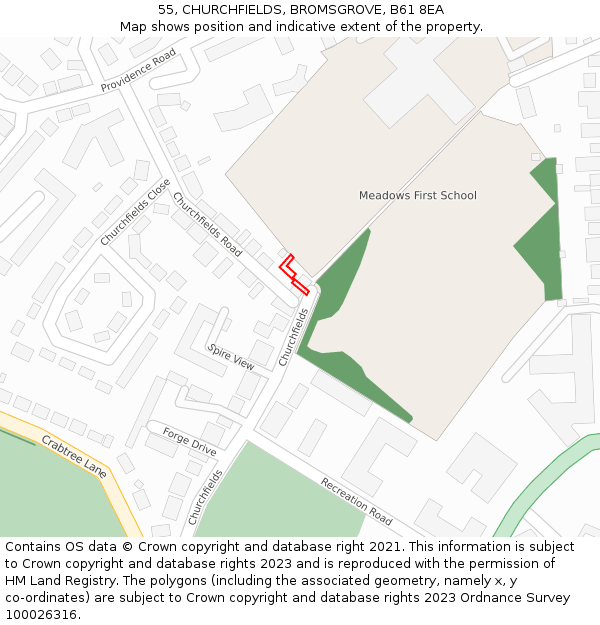 55, CHURCHFIELDS, BROMSGROVE, B61 8EA: Location map and indicative extent of plot