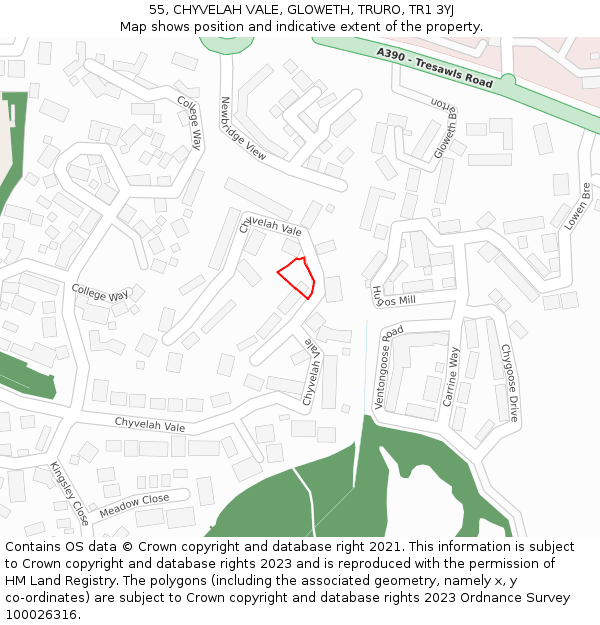 55, CHYVELAH VALE, GLOWETH, TRURO, TR1 3YJ: Location map and indicative extent of plot