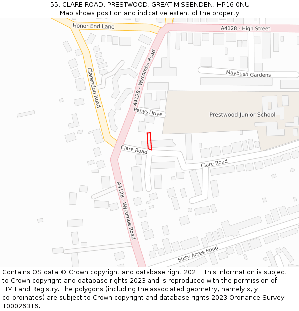 55, CLARE ROAD, PRESTWOOD, GREAT MISSENDEN, HP16 0NU: Location map and indicative extent of plot
