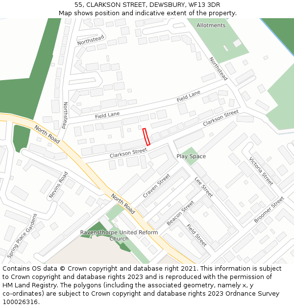 55, CLARKSON STREET, DEWSBURY, WF13 3DR: Location map and indicative extent of plot