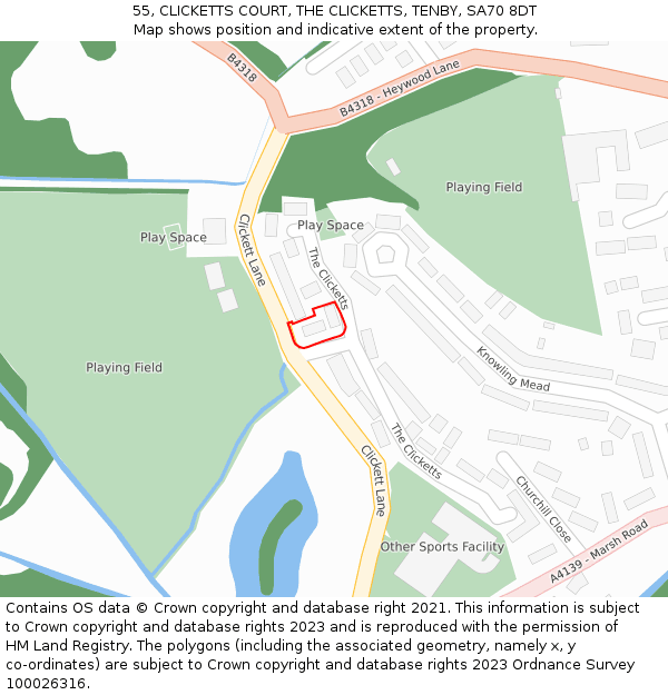55, CLICKETTS COURT, THE CLICKETTS, TENBY, SA70 8DT: Location map and indicative extent of plot