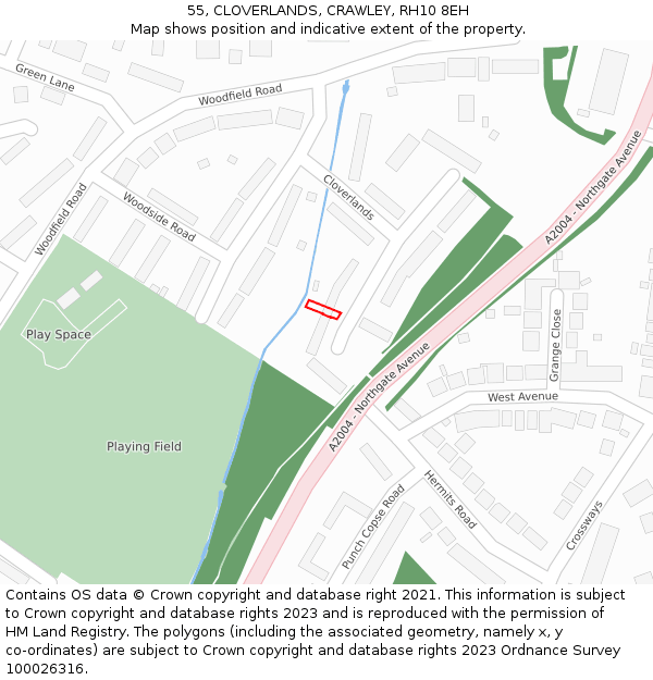 55, CLOVERLANDS, CRAWLEY, RH10 8EH: Location map and indicative extent of plot