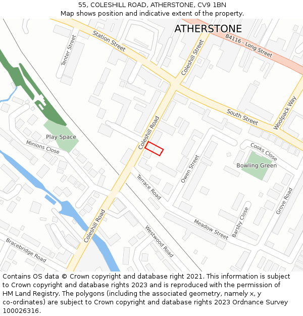 55, COLESHILL ROAD, ATHERSTONE, CV9 1BN: Location map and indicative extent of plot