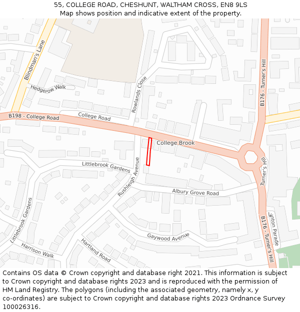 55, COLLEGE ROAD, CHESHUNT, WALTHAM CROSS, EN8 9LS: Location map and indicative extent of plot