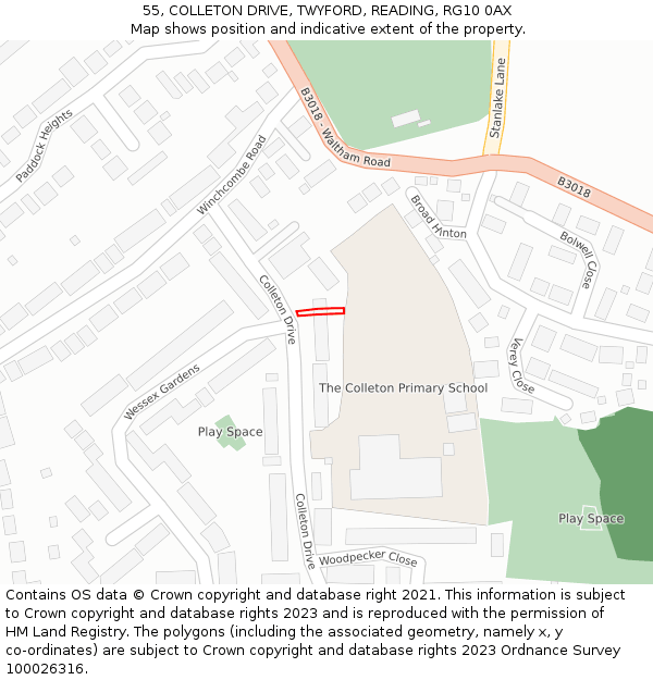 55, COLLETON DRIVE, TWYFORD, READING, RG10 0AX: Location map and indicative extent of plot