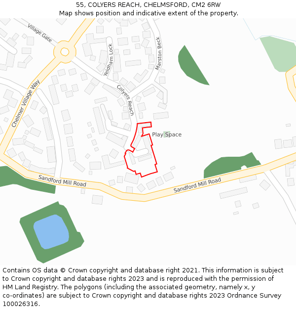 55, COLYERS REACH, CHELMSFORD, CM2 6RW: Location map and indicative extent of plot