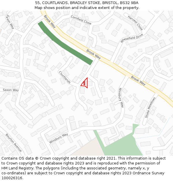 55, COURTLANDS, BRADLEY STOKE, BRISTOL, BS32 9BA: Location map and indicative extent of plot
