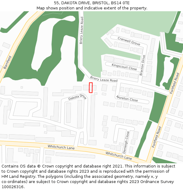 55, DAKOTA DRIVE, BRISTOL, BS14 0TE: Location map and indicative extent of plot