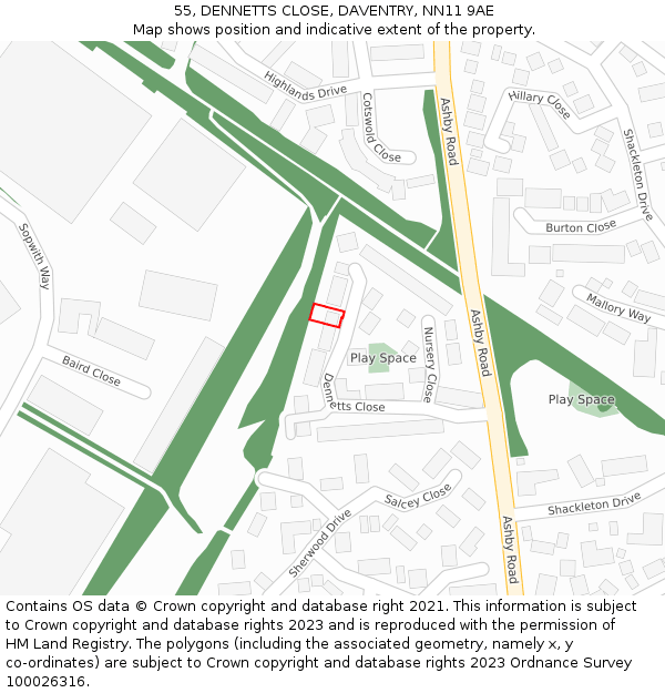 55, DENNETTS CLOSE, DAVENTRY, NN11 9AE: Location map and indicative extent of plot
