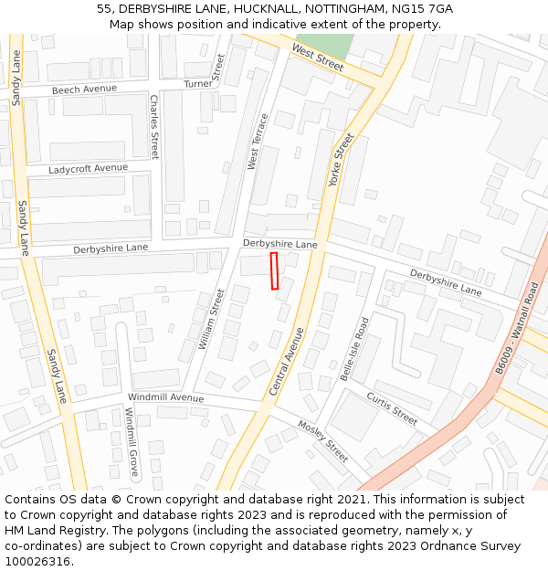 55, DERBYSHIRE LANE, HUCKNALL, NOTTINGHAM, NG15 7GA: Location map and indicative extent of plot