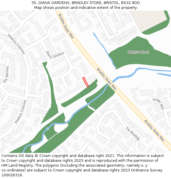 55, DIANA GARDENS, BRADLEY STOKE, BRISTOL, BS32 8DD: Location map and indicative extent of plot