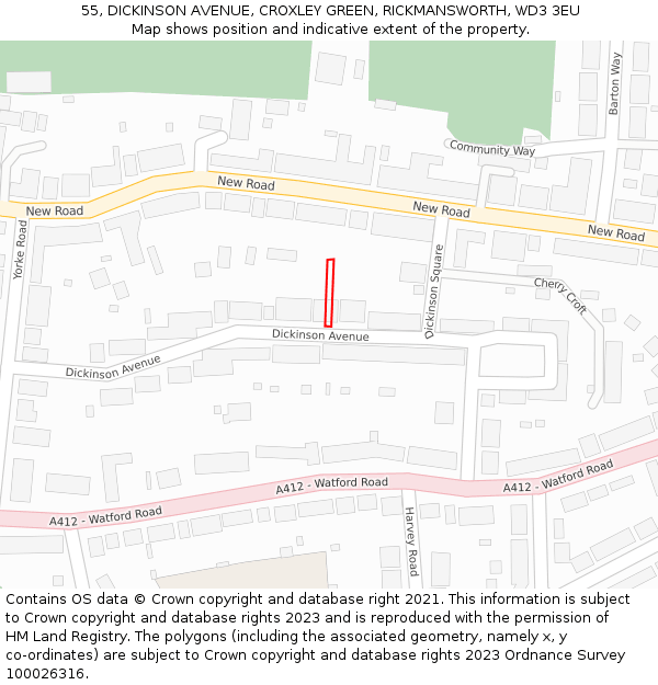 55, DICKINSON AVENUE, CROXLEY GREEN, RICKMANSWORTH, WD3 3EU: Location map and indicative extent of plot