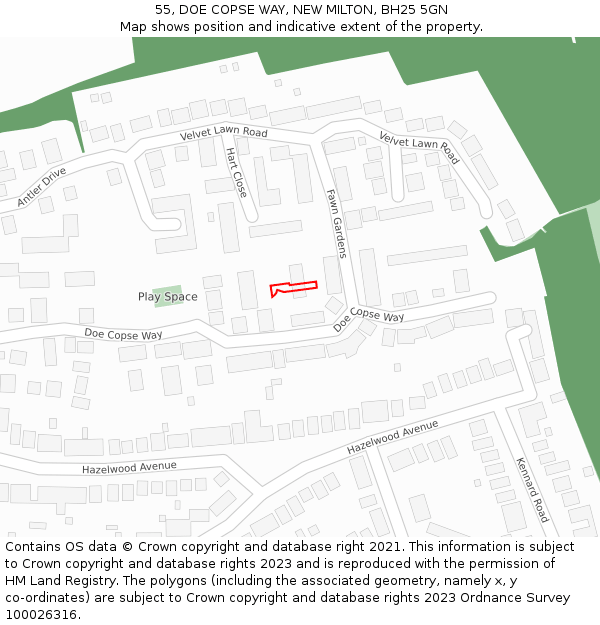 55, DOE COPSE WAY, NEW MILTON, BH25 5GN: Location map and indicative extent of plot