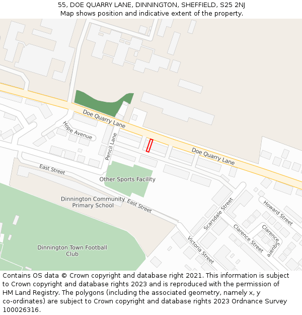 55, DOE QUARRY LANE, DINNINGTON, SHEFFIELD, S25 2NJ: Location map and indicative extent of plot