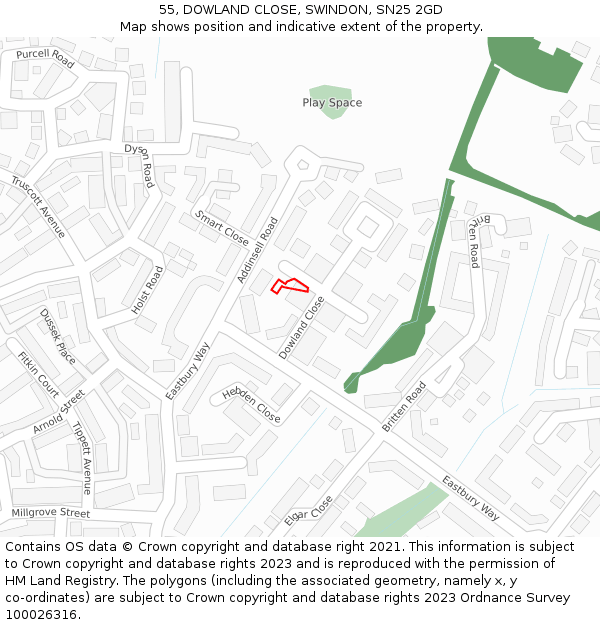 55, DOWLAND CLOSE, SWINDON, SN25 2GD: Location map and indicative extent of plot