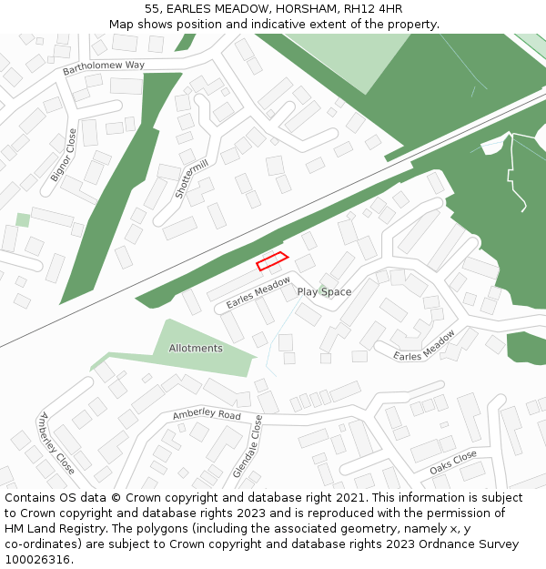 55, EARLES MEADOW, HORSHAM, RH12 4HR: Location map and indicative extent of plot