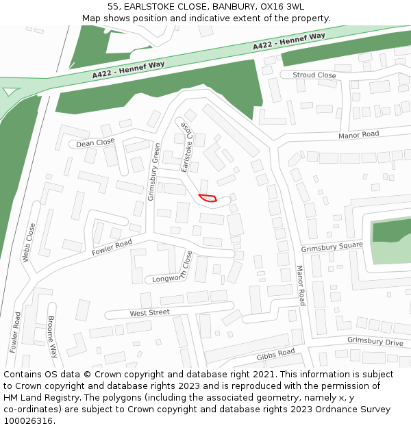 55, EARLSTOKE CLOSE, BANBURY, OX16 3WL: Location map and indicative extent of plot