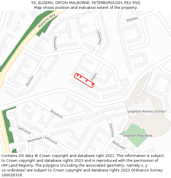 55, ELDERN, ORTON MALBORNE, PETERBOROUGH, PE2 5NQ: Location map and indicative extent of plot