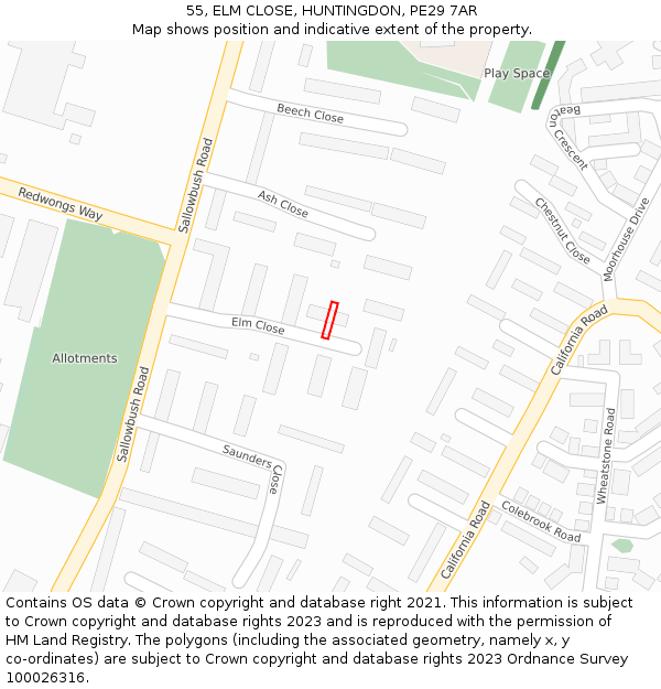 55, ELM CLOSE, HUNTINGDON, PE29 7AR: Location map and indicative extent of plot