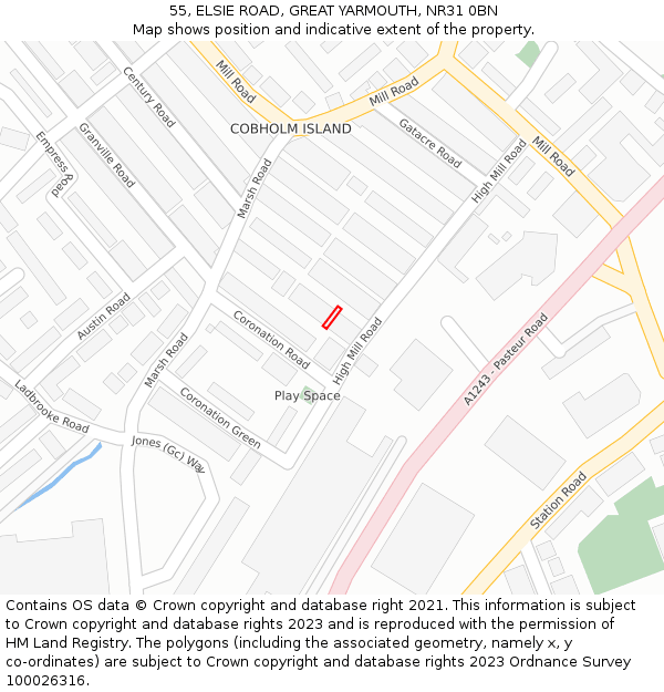 55, ELSIE ROAD, GREAT YARMOUTH, NR31 0BN: Location map and indicative extent of plot