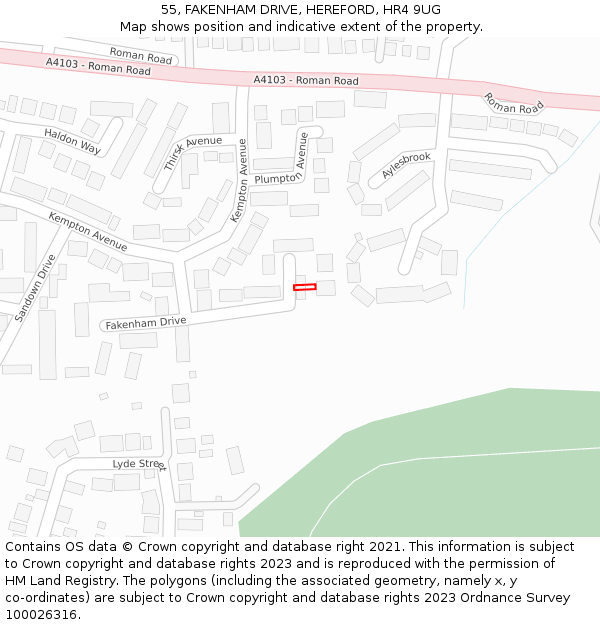 55, FAKENHAM DRIVE, HEREFORD, HR4 9UG: Location map and indicative extent of plot