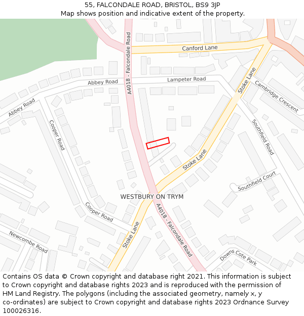 55, FALCONDALE ROAD, BRISTOL, BS9 3JP: Location map and indicative extent of plot