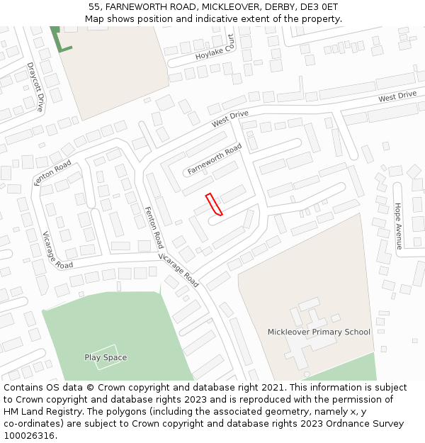 55, FARNEWORTH ROAD, MICKLEOVER, DERBY, DE3 0ET: Location map and indicative extent of plot