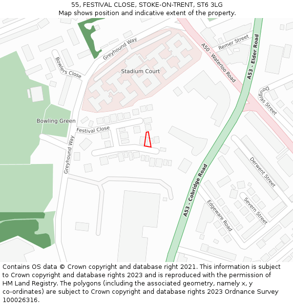 55, FESTIVAL CLOSE, STOKE-ON-TRENT, ST6 3LG: Location map and indicative extent of plot