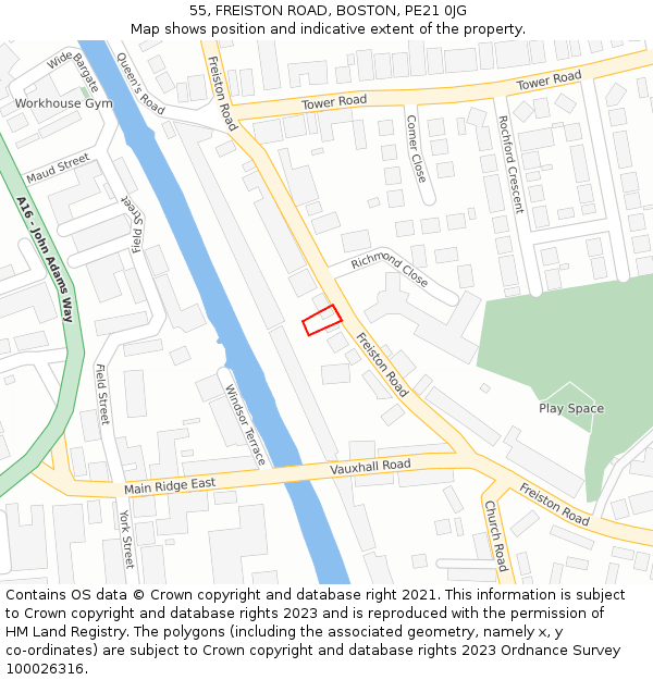 55, FREISTON ROAD, BOSTON, PE21 0JG: Location map and indicative extent of plot