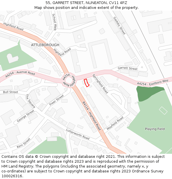 55, GARRETT STREET, NUNEATON, CV11 4PZ: Location map and indicative extent of plot