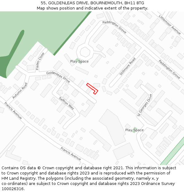 55, GOLDENLEAS DRIVE, BOURNEMOUTH, BH11 8TG: Location map and indicative extent of plot