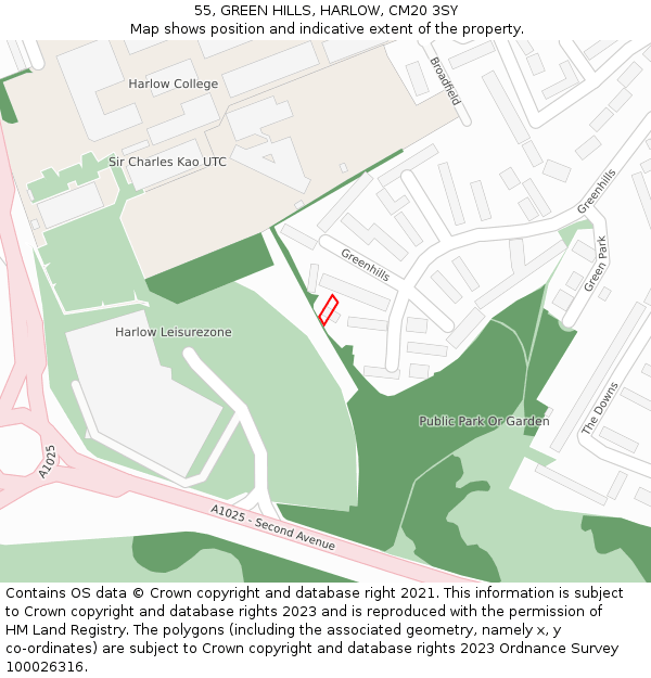 55, GREEN HILLS, HARLOW, CM20 3SY: Location map and indicative extent of plot
