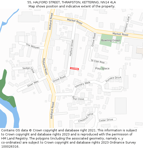 55, HALFORD STREET, THRAPSTON, KETTERING, NN14 4LA: Location map and indicative extent of plot