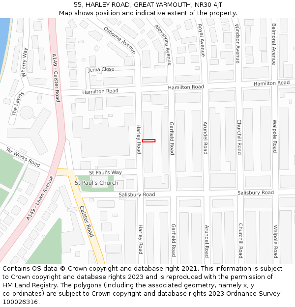 55, HARLEY ROAD, GREAT YARMOUTH, NR30 4JT: Location map and indicative extent of plot