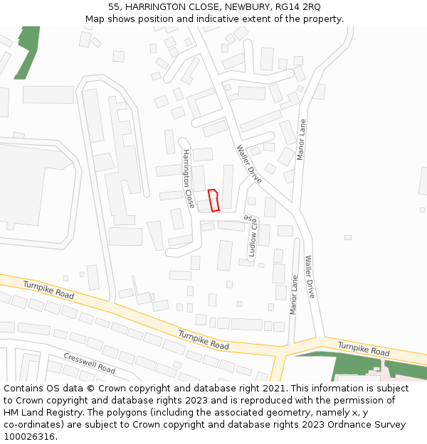 55, HARRINGTON CLOSE, NEWBURY, RG14 2RQ: Location map and indicative extent of plot