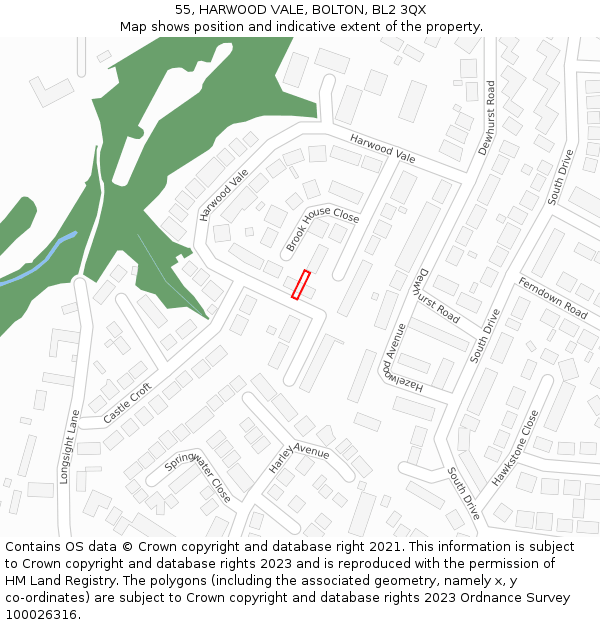 55, HARWOOD VALE, BOLTON, BL2 3QX: Location map and indicative extent of plot