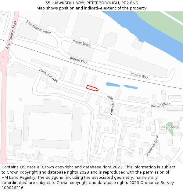 55, HAWKSBILL WAY, PETERBOROUGH, PE2 8NS: Location map and indicative extent of plot