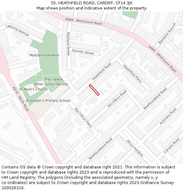 55, HEATHFIELD ROAD, CARDIFF, CF14 3JX: Location map and indicative extent of plot