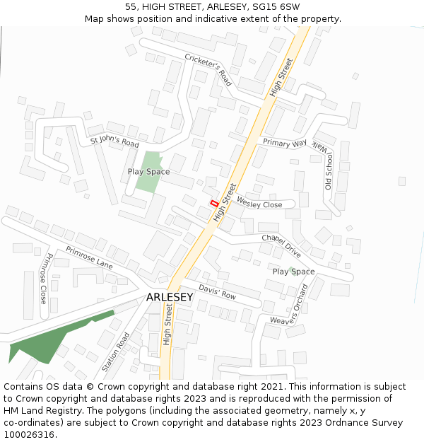 55, HIGH STREET, ARLESEY, SG15 6SW: Location map and indicative extent of plot