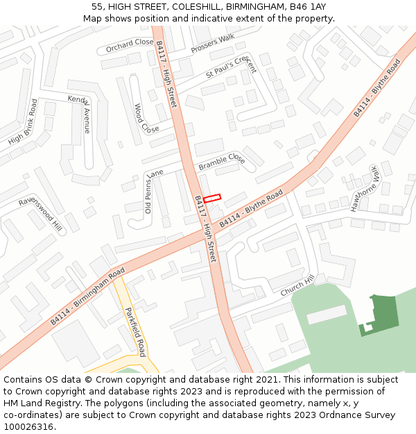 55, HIGH STREET, COLESHILL, BIRMINGHAM, B46 1AY: Location map and indicative extent of plot