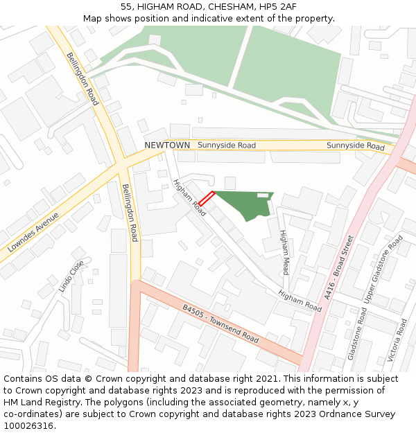 55, HIGHAM ROAD, CHESHAM, HP5 2AF: Location map and indicative extent of plot