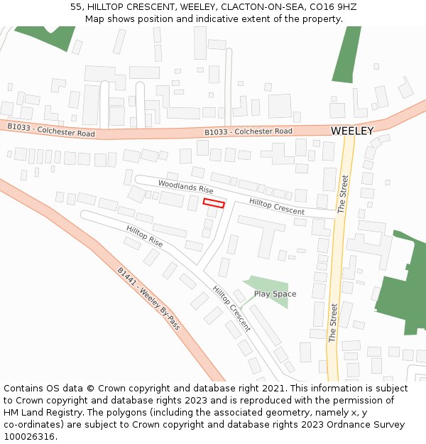 55, HILLTOP CRESCENT, WEELEY, CLACTON-ON-SEA, CO16 9HZ: Location map and indicative extent of plot