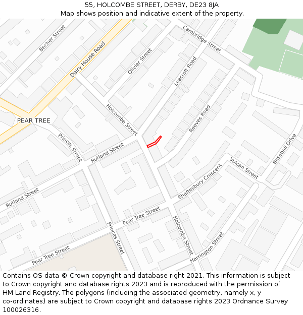 55, HOLCOMBE STREET, DERBY, DE23 8JA: Location map and indicative extent of plot