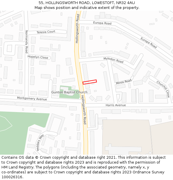 55, HOLLINGSWORTH ROAD, LOWESTOFT, NR32 4AU: Location map and indicative extent of plot